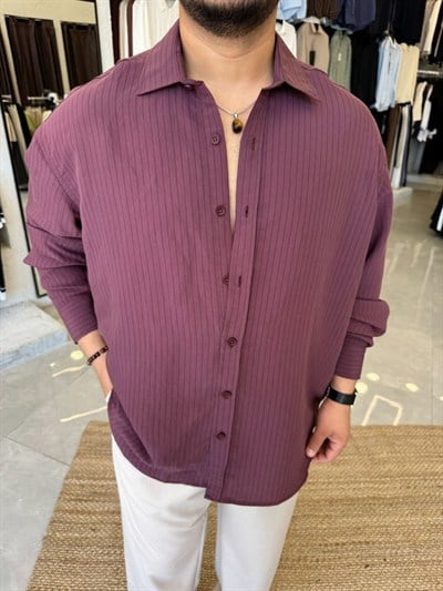 Bordo İnce Çizgili Modal Gömlek