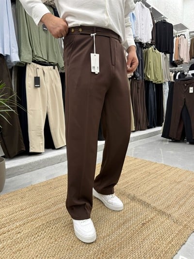 Çift Düğmeli Kemer Detaylı Kumaş Pantolon Acı Kahve