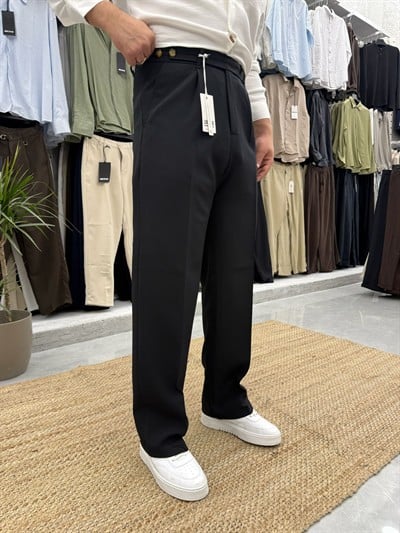 Çift Düğmeli Kemer Detaylı Kumaş Pantolon Siyah