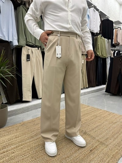 Çift Düğmeli Kemer Detaylı Kumaş Pantolon Bej