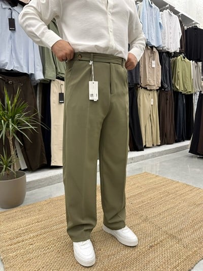 Çift Düğmeli Kemer Detaylı Kumaş Pantolon Haki