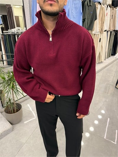Fermuarlı Boxyfit Kazak Bordo