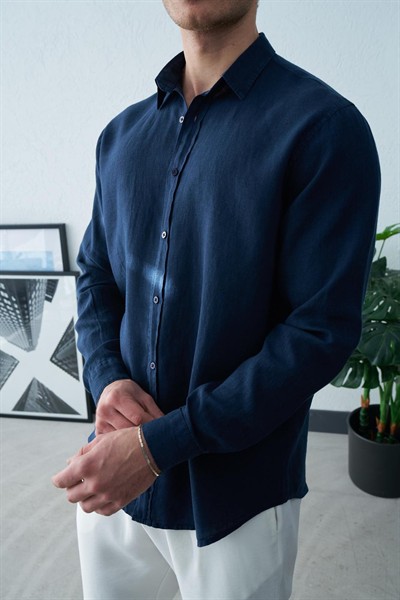 Gerçek Keten Gömlek Lacivert