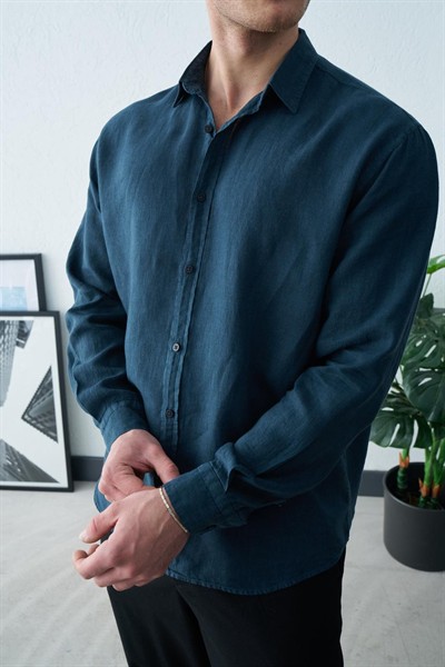 Gerçek Keten Gömlek Petrol Yeşili