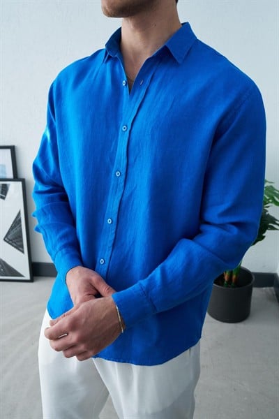 Gerçek Keten Gömlek Saks Mavi