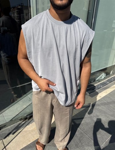 Gri Boxyfit Sıfır Kol T-shirt