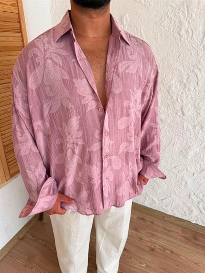 Gül Kurusu Desenli Oversize Buruşuk Gömlek
