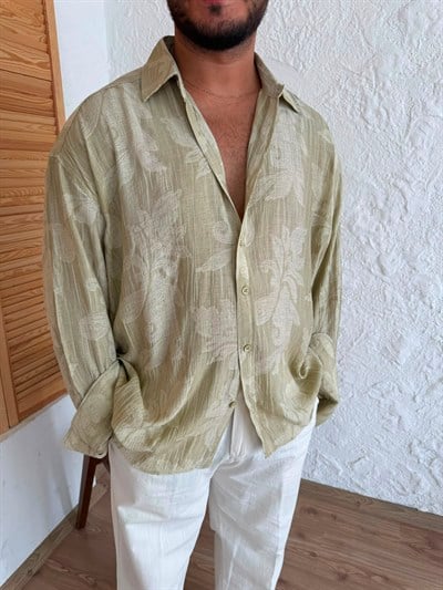 Haki Desenli Oversize Buruşuk Gömlek