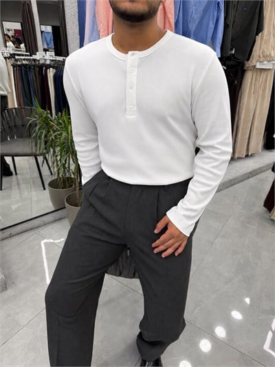 İnce Fitilli Hanley Yaka T-shirt Beyaz
