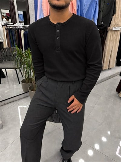 İnce Fitilli Hanley Yaka T-shirt Siyah