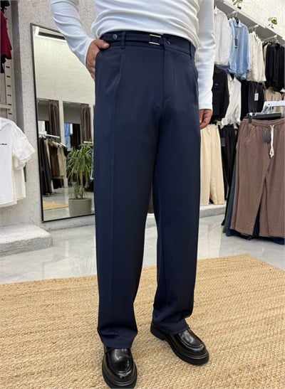Kışlık Kare Metal Kemer Detaylı Baggy Kumaş Pantolon Lacivert