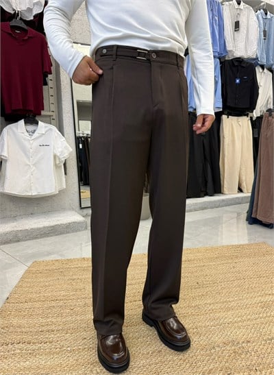 Kışlık Kare Metal Kemer Detaylı Baggy Kumaş Pantolon Kahve