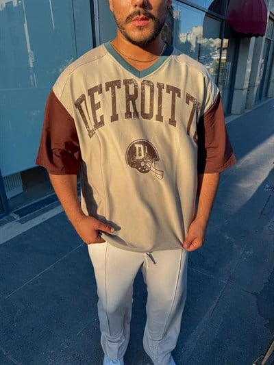 Krem Dereoit Baskılı T-shirt