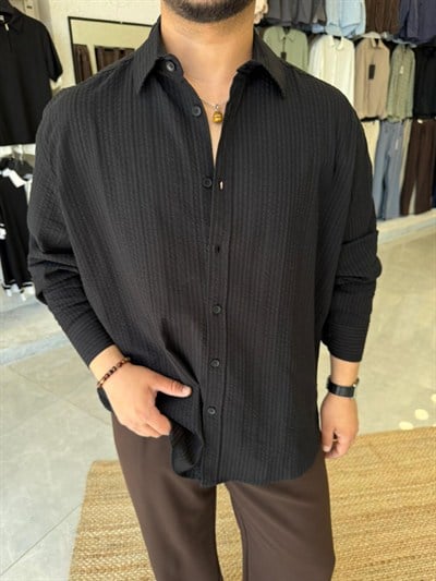 Siyah Gofre Çizgili Gömlek