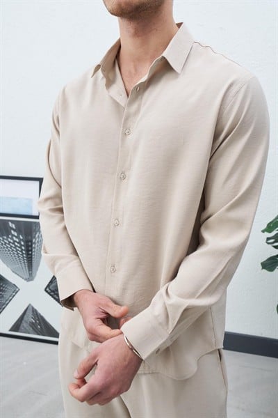 Viskon Dökümlü Kumaş Gömlek Bej