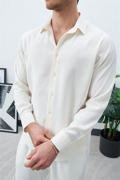 Viskon Dökümlü Kumaş Gömlek Beyaz