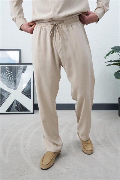 Viskon Dökümlü Kumaş Pantolon Bej