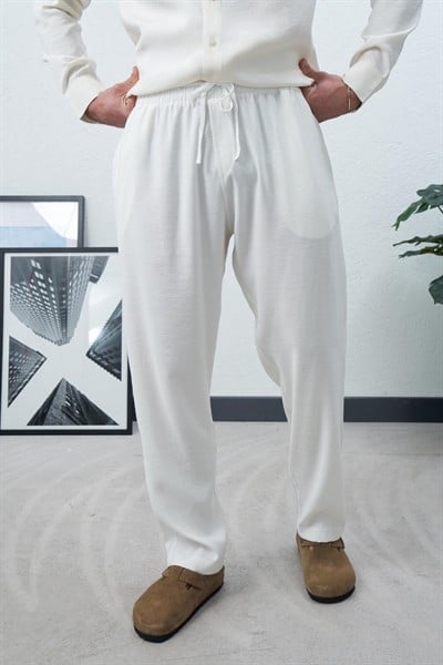 Viskon Dökümlü Kumaş Pantolon Beyaz