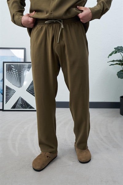 Viskon Dökümlü Kumaş Pantolon Kahve