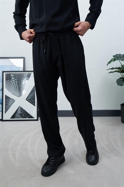 Viskon Dökümlü Kumaş Pantolon Siyah