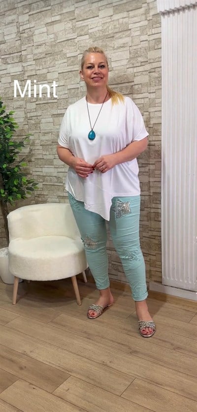 1123 YILDIZ PUL PAYETLİ LİKRALI PANTOLON-MİNT YEŞİLİ