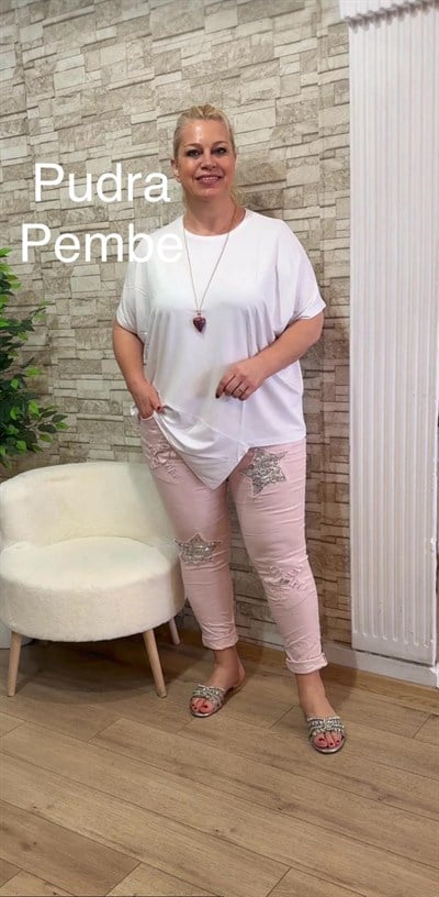 1123 YILDIZ PUL PAYETLİ LİKRALI PANTOLON-PUDRA PEMBE