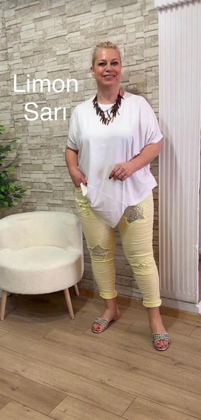 1123 YILDIZ PUL PAYETLİ LİKRALI PANTOLON-LİMON SARI