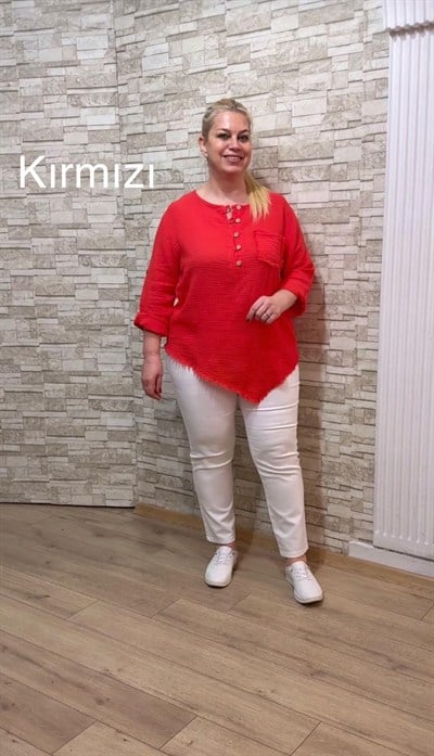 1138 ASİMETRİK MÜSLİN BLUZ-KIRMIZI