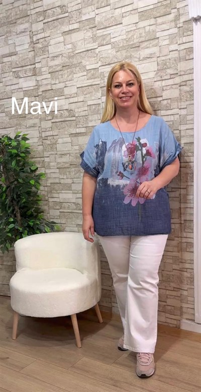 1140 İTALYAN KOLYELİ KISA KOL BLUZ-MAVİ