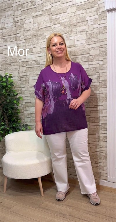 1140 İTALYAN KOLYELİ KISA KOL BLUZ-MOR