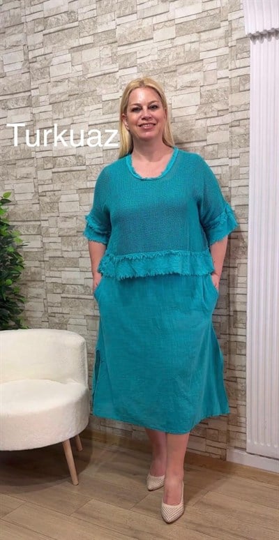 11444 İTALYAN BOLEROSU ÇIKABİLEN PAMUK ELBİSE-TURKUAZ