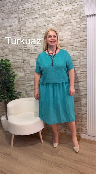 1145 İTALYAN ASTARLI FİLE DETAYLI PAMUK ELBİSE-TURKUAZ