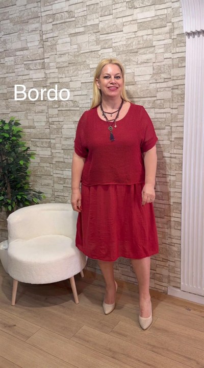 1145 İTALYAN ASTARLI FİLE DETAYLI PAMUK ELBİSE-BORDO