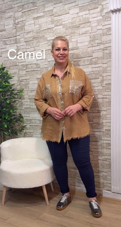 1146 İTALYAN CEPLERİ PUL PAYETLİ KETEN GÖMLEK-CAMEL