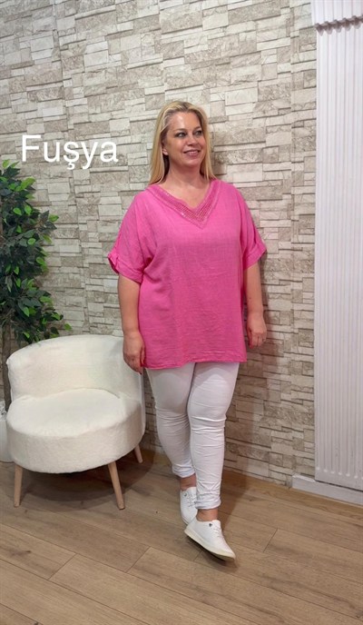 1153 İTALYAN PUL PAYETLİ KISA KOL TUNİK-FUŞYA
