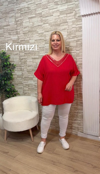 1153 İTALYAN PUL PAYETLİ KISA KOL TUNİK-KIRMIZI