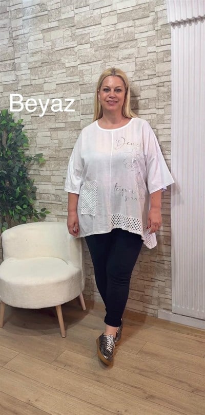 1154 İTALYAN ÖRGÜ VE BASKI DETAYLI RAHAT KALIP BLUZ-BEYAZ