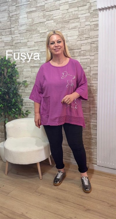 1154 İTALYAN ÖRGÜ VE BASKI DETAYLI RAHAT KALIP BLUZ-FUŞYA