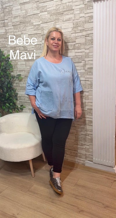 1154 İTALYAN ÖRGÜ VE BASKI DETAYLI RAHAT KALIP BLUZ-BEBE MAVİ