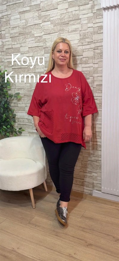1154 İTALYAN ÖRGÜ VE BASKI DETAYLI RAHAT KALIP BLUZ-KOYU KIRMIZI