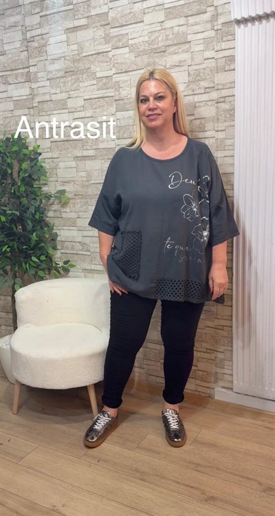 1154 İTALYAN ÖRGÜ VE BASKI DETAYLI RAHAT KALIP BLUZ-ANTRASİT