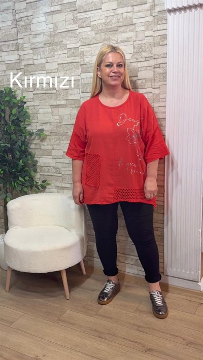 1154 İTALYAN ÖRGÜ VE BASKI DETAYLI RAHAT KALIP BLUZ-KIRMIZI