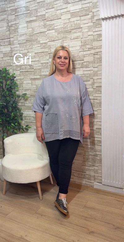 1154 İTALYAN ÖRGÜ VE BASKI DETAYLI RAHAT KALIP BLUZ-GRİ
