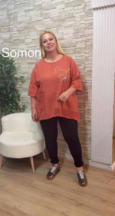 1154 İTALYAN ÖRGÜ VE BASKI DETAYLI RAHAT KALIP BLUZ-SOMON