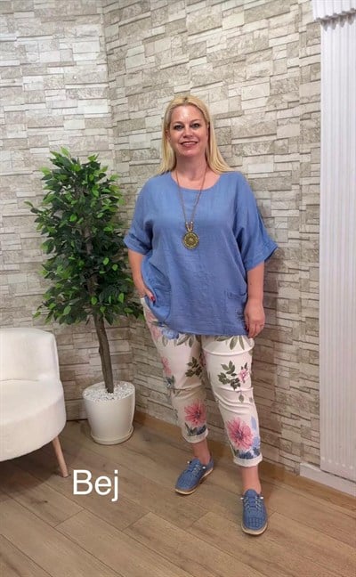 1158 İTALYAN ÇİÇEKLİ RAHAT KALIP PANTOLON-BEJ