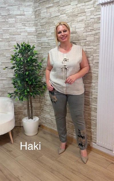 1161 ÇİÇEK BASKILI LİKRALI PANTOLON-HAKİ