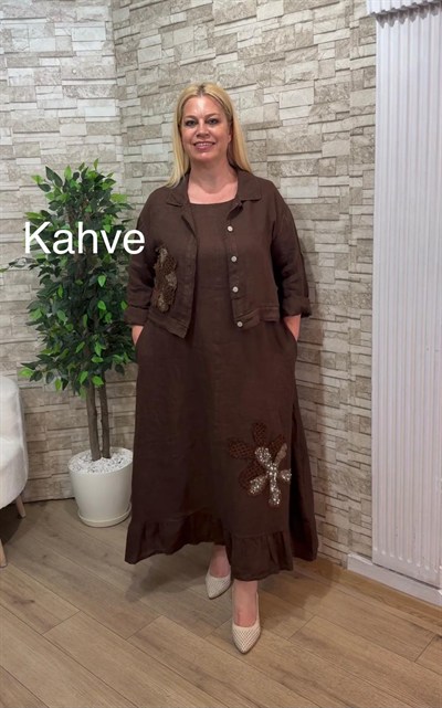 1162-İTALYAN CEKETLİ KETEN ELBİSE-KAHVERENGİ