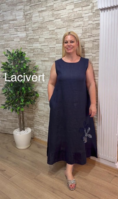 1162-İTALYAN CEKETLİ KETEN ELBİSE-LACİVERT