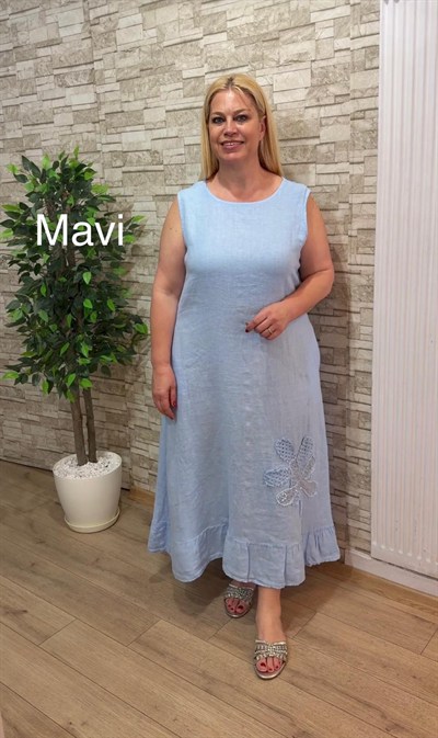 1162-İTALYAN CEKETLİ KETEN ELBİSE-MAVİ