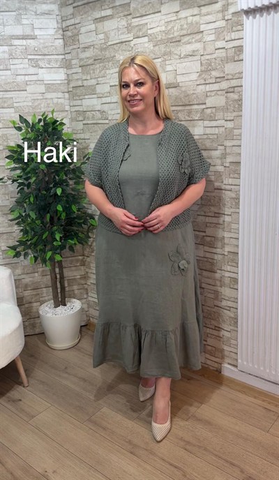 1163 ÖRGÜ BOLEROLU KETEN ELBİSE-HAKİ